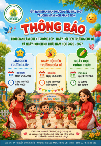 THÔNG BÁO THỜI GIAN LÀM QUEN TRẺ TRƯỜNG LỚP - NGÀY HỘI ĐẾN TRƯỜNG CỦA BÉ VÀ NGÀY HỌC CHÍNH THỨC NĂM HỌC 2026 - 2027