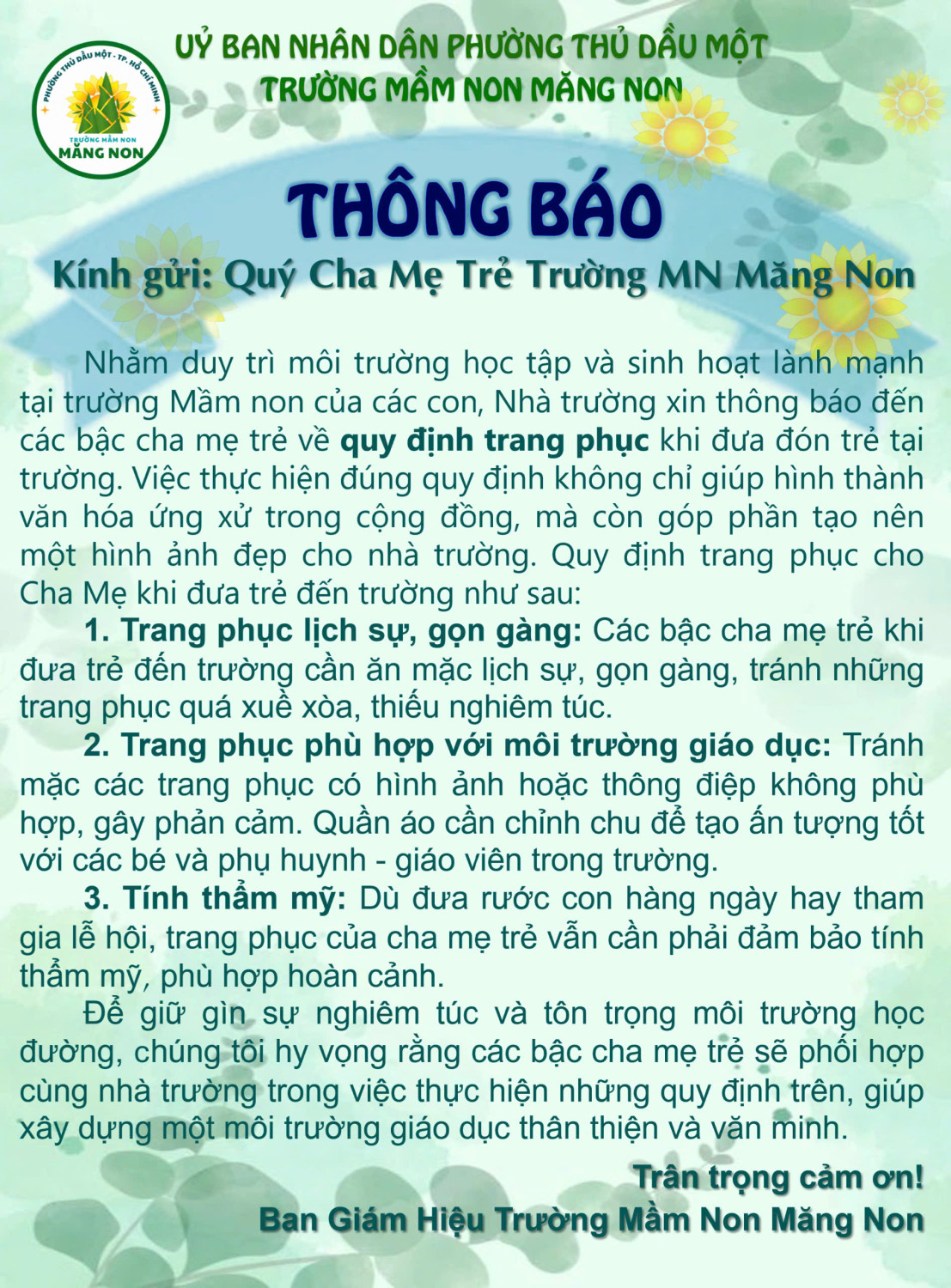 THÔNG BÁO VỀ QUY ĐỊNH TRANG PHỤC KHI ĐƯA - RƯỚC TRẺ TẠI TRƯỜNG